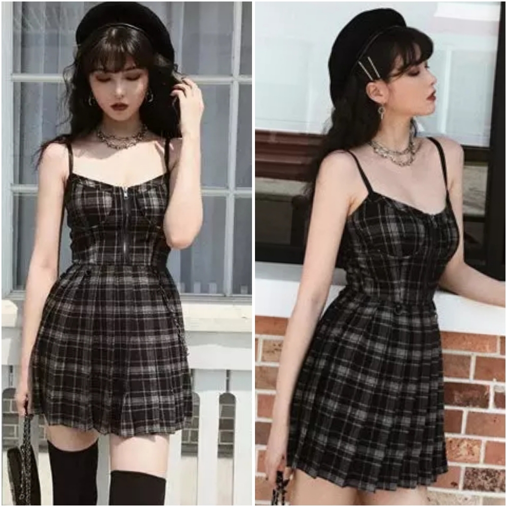 Gothic Plaid Sleeveless Tartan Pleated Dress - Picture 2 of 7